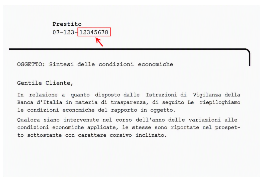 Esempio numero finanziamento nella comunicazione